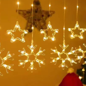 CORTINA DE LUCES CON  COPOS DE NIEVE Y ESTRELLAS(50)