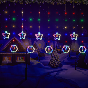 CORTINA NAVIDENA LUZ DE COLORES 5 ESTRELLAS- ANILLOS HEXAGONALES(50)